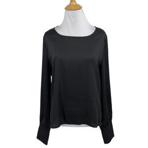 Donna Karan Blouse Women M Medium Black Long Sleeve Keyhole Chiffon Pleated Cuff